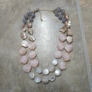 Pastel Layered Glass Shell Multi Strand Statement Necklace Gold Tone 18-21in